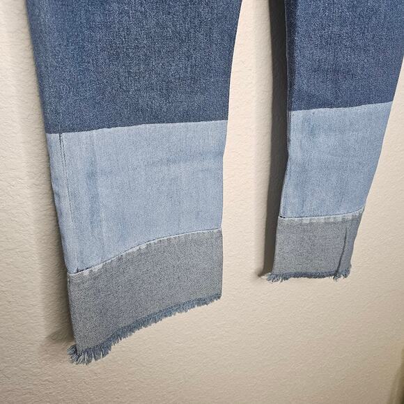 POL Patchwork Jeans Raw Hem Straight Leg 2-Tone Denim High Rise Size M Cotton - Picture 7 of 8